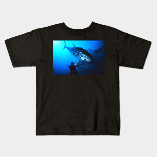 Giant Bluefin Tuna Caught in a Net Kids T-Shirt by Bravuramedia